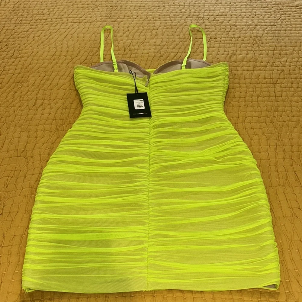 Neon Yellow Ruched Mini Dress - Picture 3 of 4